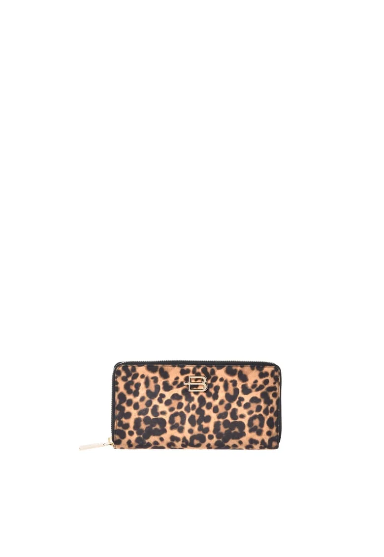 Portofel cu animal print si fermoar, Negru/Maro