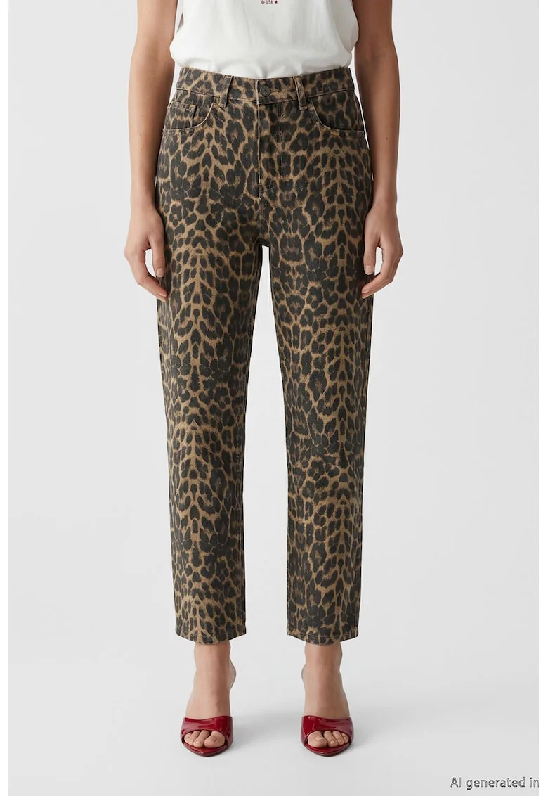 Blugi conici cu animal print, Negru/Maro camel/Maro pamantiu