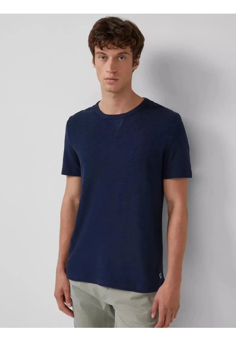 Tricou din bumbac cu decolteu la baza gatului, Bleumarin inchis