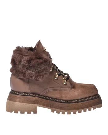 Botine din piele si piele intoarsa cu captuseala din blana sintetica, Maro taupe