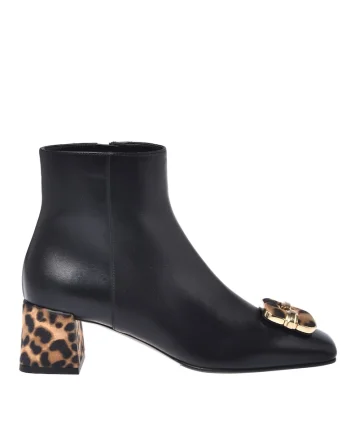 Botine din piele cu toc si detalii cu animal print, Negru/Maro