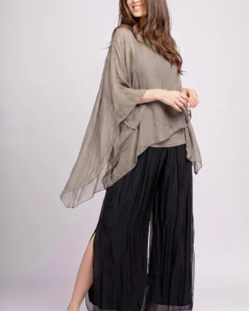 Bluza asimetrica din matase naturala si vascoza tip poncho, bej inchis