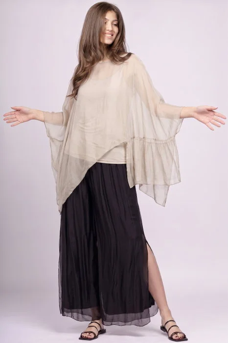 Bluza asimetrica din matase naturala si vascoza tip poncho, bej