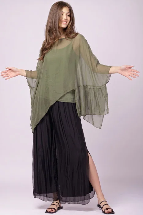 Bluza asimetrica din matase naturala si vascoza tip poncho, kaki