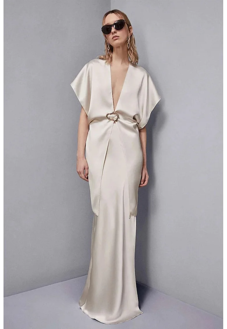 Fusta lunga, satinata, cu elastic in talie, Crem