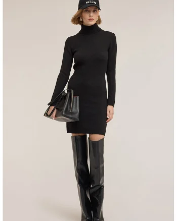Rochie mini cambrata din amestec de lana cu guler inalt, Gri antracit