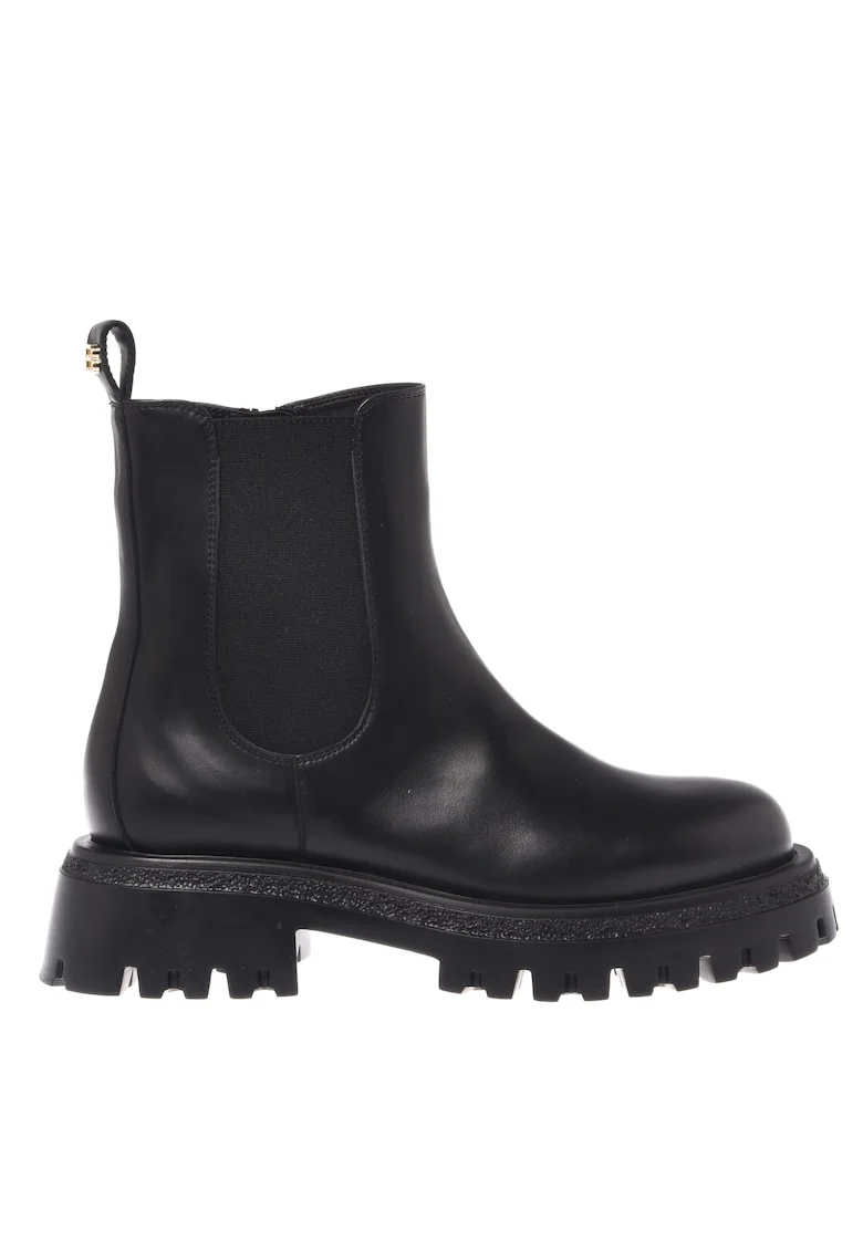 Ghete din piele cu garnitura din material textil, Negru