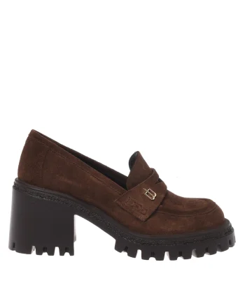 Pantofi de piele intoarsa cu toc masiv, Maro inchis