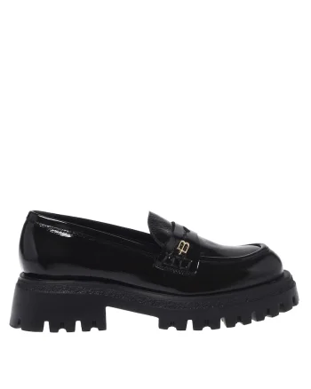 Pantofi loafer de piele lacuita cu toc masiv, Negru