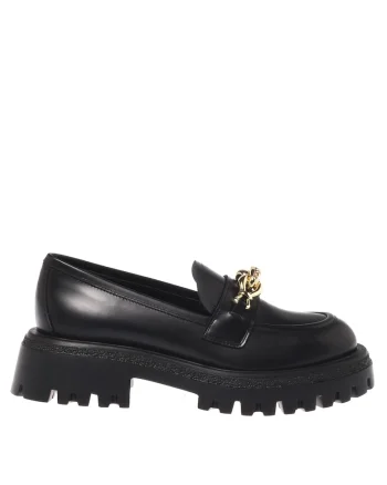 Pantofi loafer de piele cu accesoriu metalic, Negru