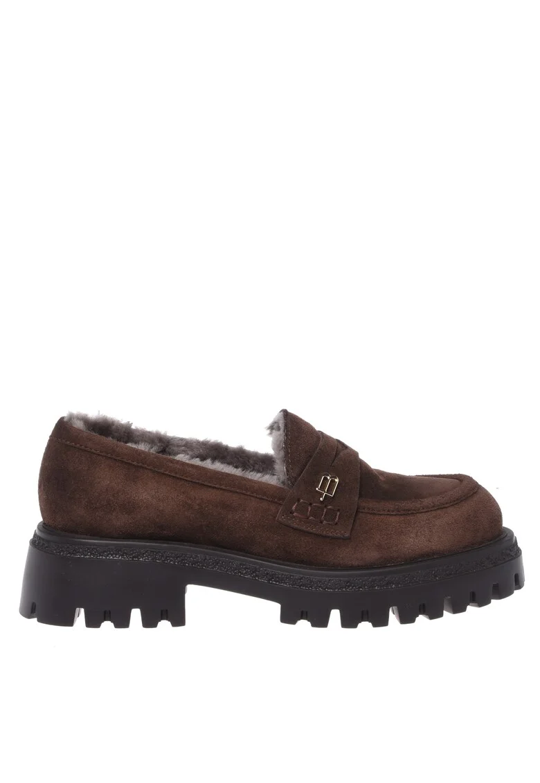 Pantofi loafer de piele intoarsa cu captuseala de blana, Maro inchis