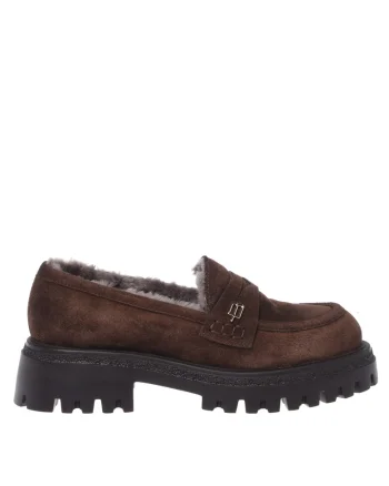 Pantofi loafer de piele intoarsa cu captuseala de blana, Maro inchis