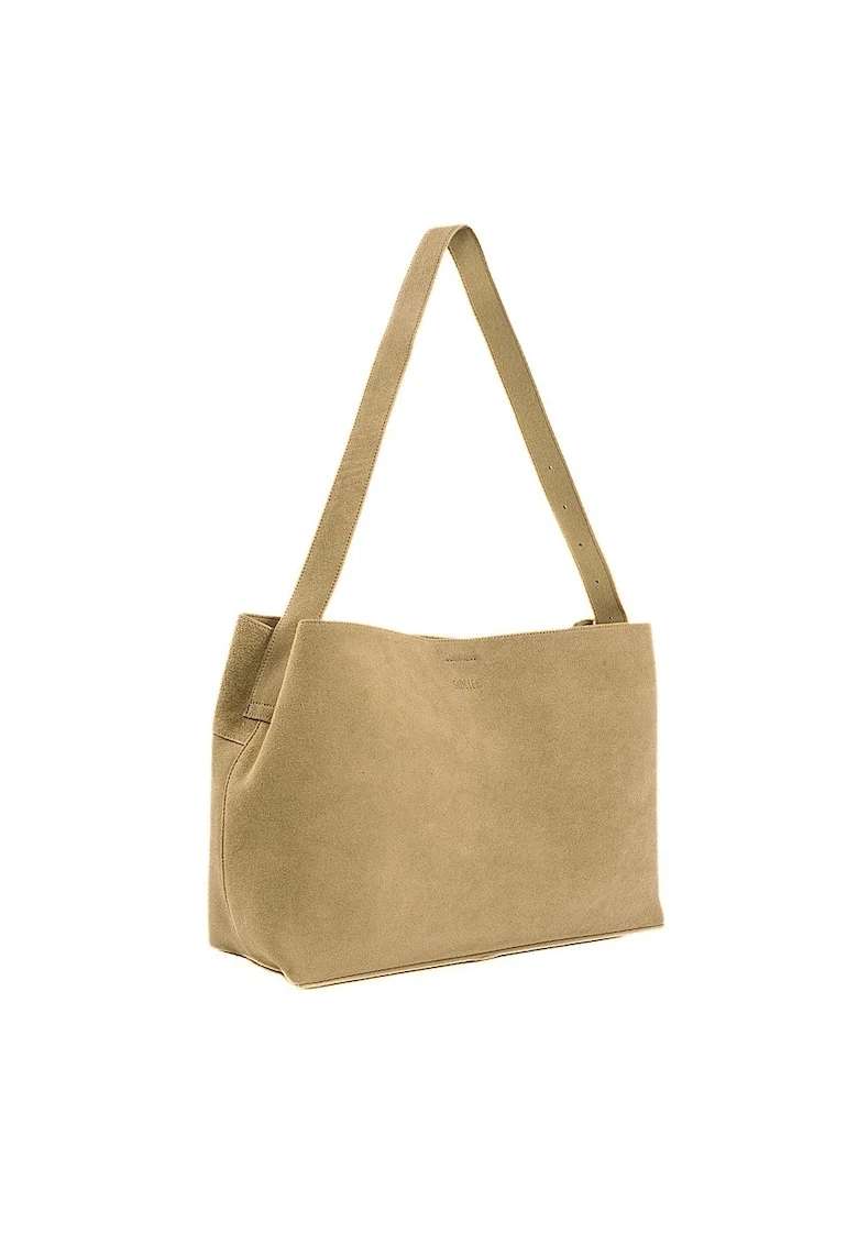 Geanta dama din piele intoarsa  FL39 Maya, shopper, A4, cu catarama, curea reglabila, incapatoare, eleganta, pentru birou si zilnic, Bej