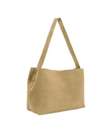 Geanta dama din piele intoarsa  FL39 Maya, shopper, A4, cu catarama, curea reglabila, incapatoare, eleganta, pentru birou si zilnic, Bej