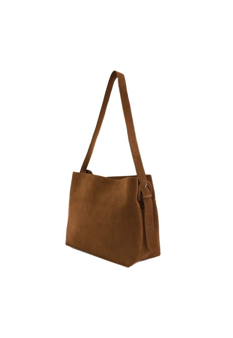 Geanta dama din piele intoarsa  FL38Sienna, shopper, A4, cu catarama, curea reglabila, incapatoare, eleganta, pentru birou si zilnic, Maro