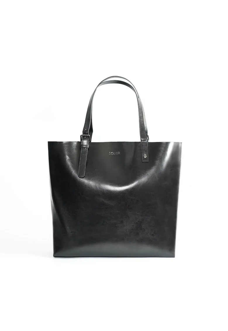Geanta shopper dama FL32 Tivora Black, piele naturala, neagra, spatioasa, cu curea reglabila si buzunare interioare