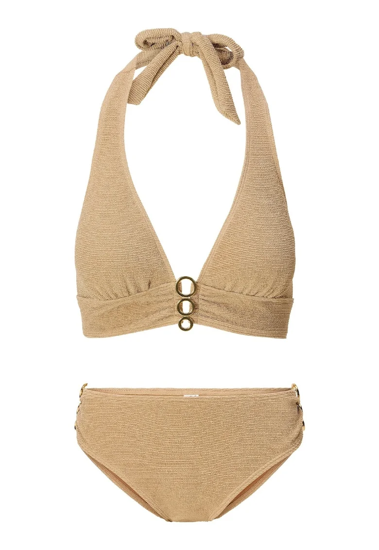 Costum de baie cu doua piese si elemente circulare metalice, Auriu