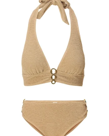 Costum de baie cu doua piese si elemente circulare metalice, Auriu