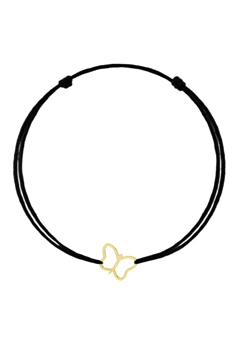 Bratara cu pandantiv Fluture din AUR 14K 585, snur negru reglabil, aur galben