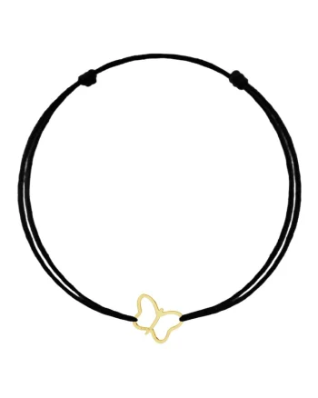 Bratara cu pandantiv Fluture din AUR 14K 585, snur negru reglabil, aur galben