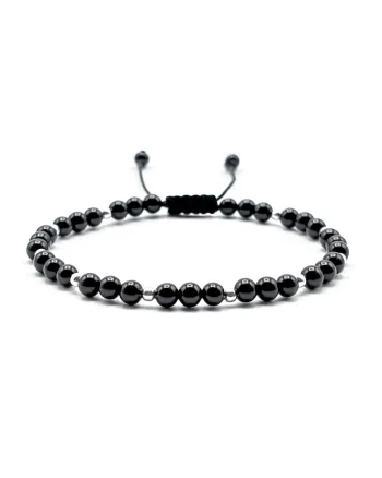 Bratara cu bile din Argint 925 si pietre semipretioase naturale, snur reglabil, Negru Glossy