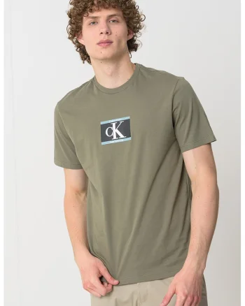 Tricou cu imprimeu si decolteu la baza gatului, Verde feriga