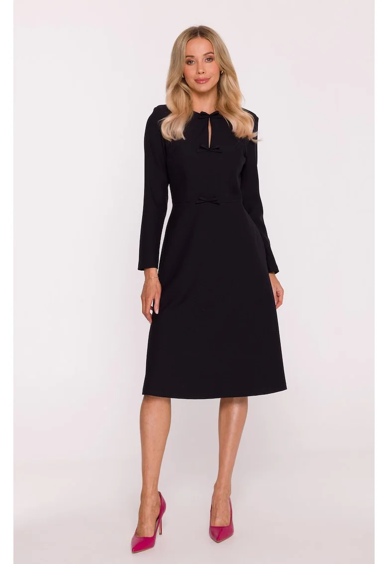 Rochie midi, S413 neagra decolteu rotund, maneci lungi, funde decorative, buzunare laterale, fermoar la spate, zi cu zi, Negru