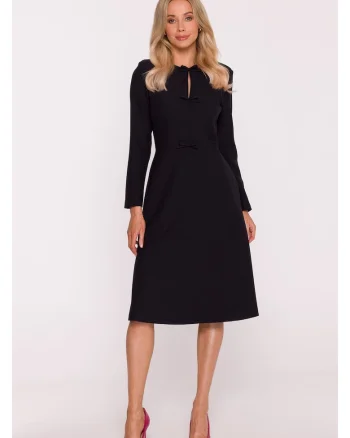 Rochie midi, S413 neagra decolteu rotund, maneci lungi, funde decorative, buzunare laterale, fermoar la spate, zi cu zi, Negru