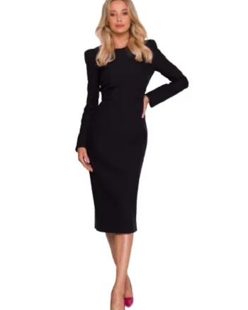 Rochie midi, S412 Negru, Decolteu rotund, Maneci lungi, Negru