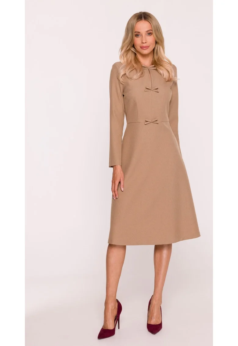 Rochie midi, S413 Bej decolteu maneci lungi, decorative, Poliester, Trapezoidala, Bej