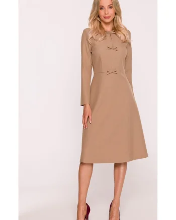 Rochie midi, S413 Bej decolteu maneci lungi, decorative, Poliester, Trapezoidala, Bej