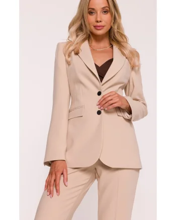 Jacheta S417 Bej polyester, jacheta clasica cu un singur rand de nasturi, guler clasic cu revere finisate manual, captusita complet, lungime sub sold, maneci lungi inguste, Bej