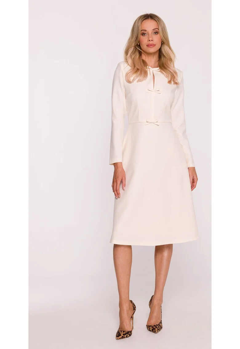 Rochie Midi S414 fildes Maneci lungi, Decolteu rotund, Spate fermoar, Material neted, Captuseala completa, Fildes mat