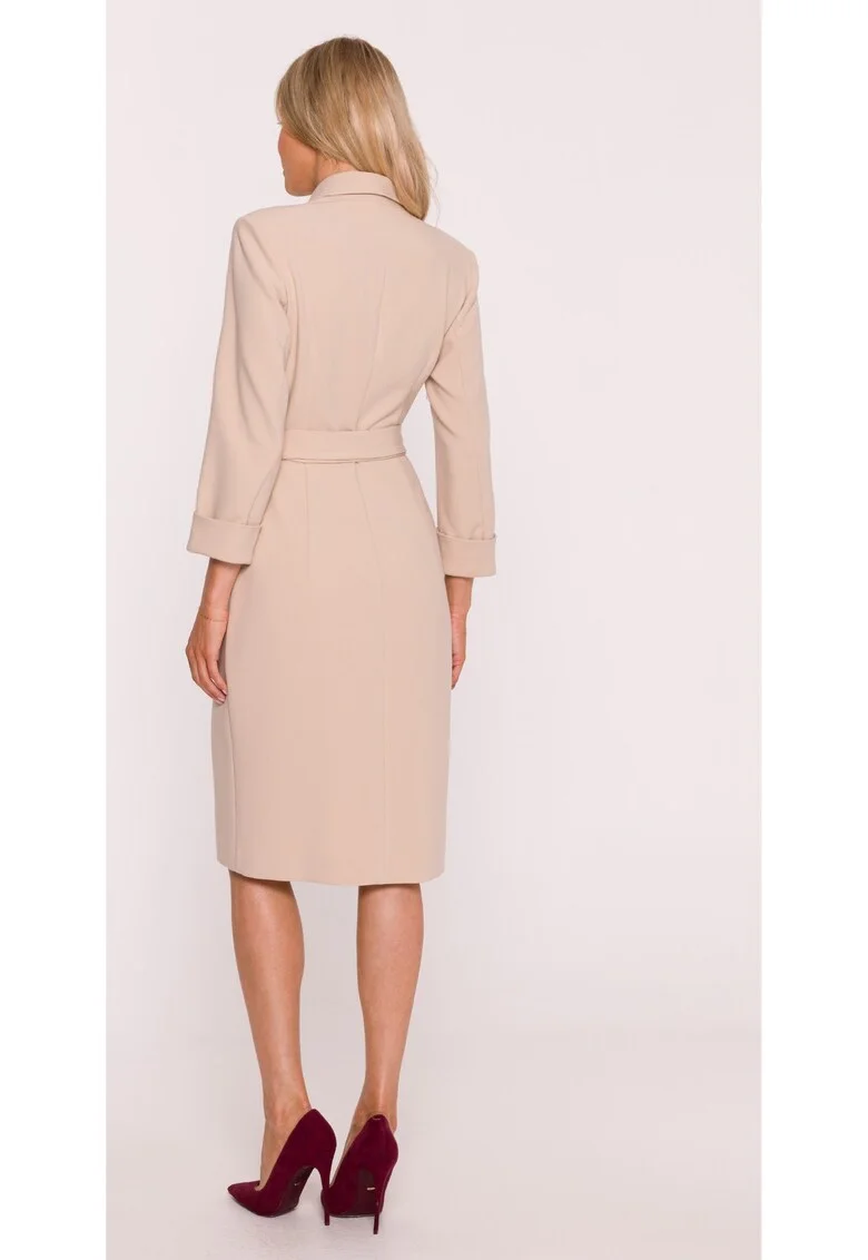 Rochie Midi S415 Beżowa Decolteu in V, Top mulat, Maneci 7/8 cu mansete, Talie cu curea, Bej