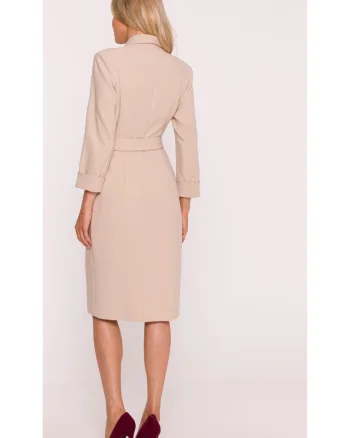 Rochie Midi S415 Beżowa Decolteu in V, Top mulat, Maneci 7/8 cu mansete, Talie cu curea, Bej