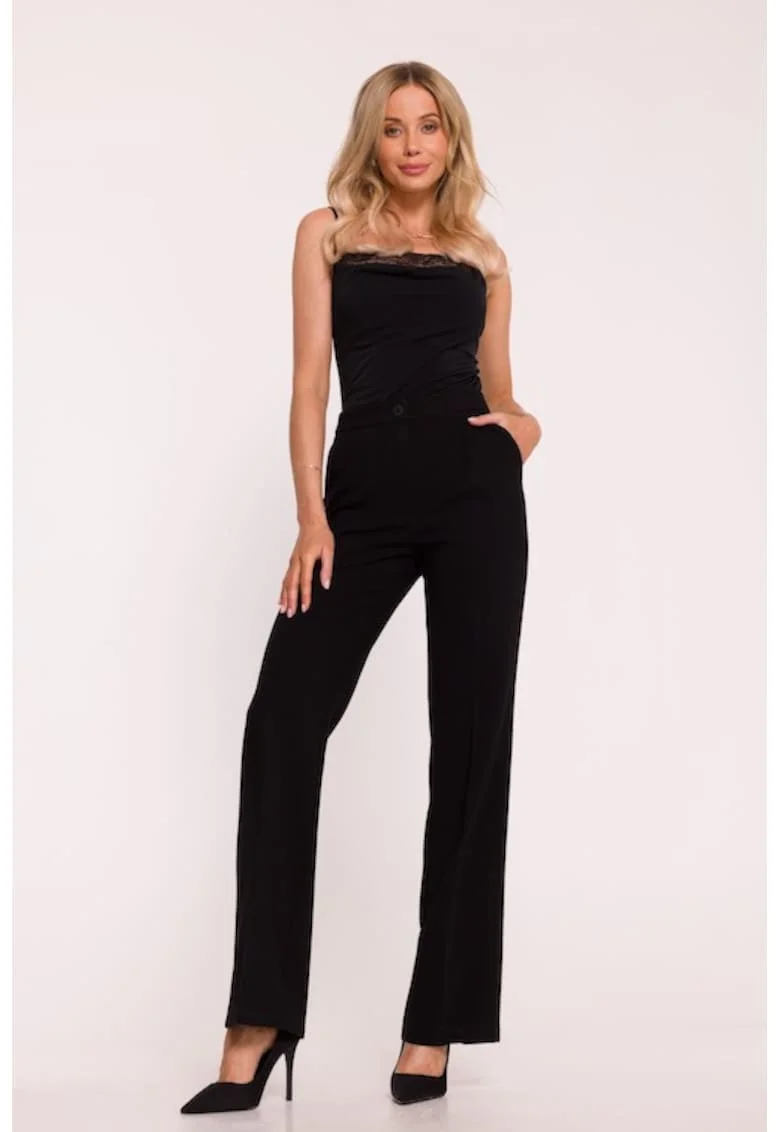 Pantaloni pentru femei, S418 Negru L, Pantaloni de costum, Talie medie, Picioare drepte, Buzunare laterale, Inchizatoare cu nasture si fermoar ascuns