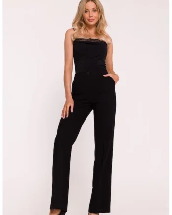 Pantaloni pentru femei, S418 Negru L, Pantaloni de costum, Talie medie, Picioare drepte, Buzunare laterale, Inchizatoare cu nasture si fermoar ascuns