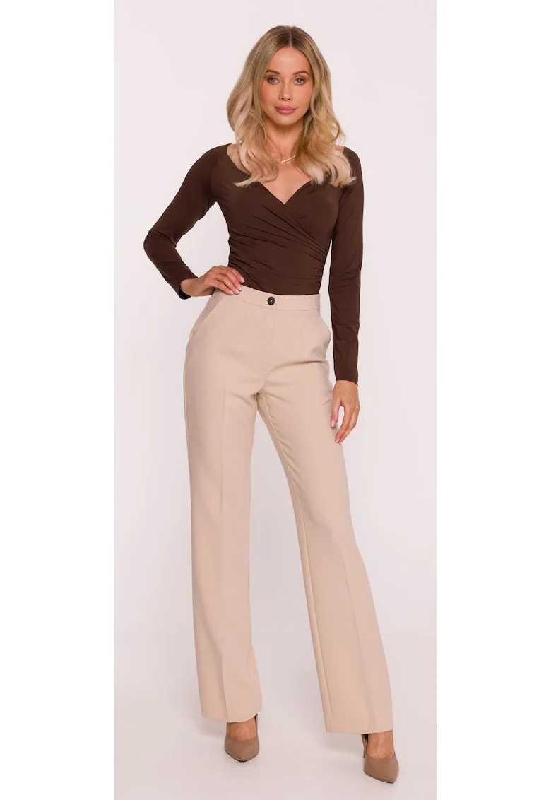 Pantaloni de costum, S418 Bej Buzunare laterale, Inchidere cu nasture si fermoar ascuns, Material neted cu finisaj moale, Stil clasic, Picioare lungi, drepte, Bej