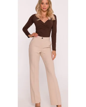 Pantaloni de costum, S418 Bej Buzunare laterale, Inchidere cu nasture si fermoar ascuns, Material neted cu finisaj moale, Stil clasic, Picioare lungi, drepte, Bej