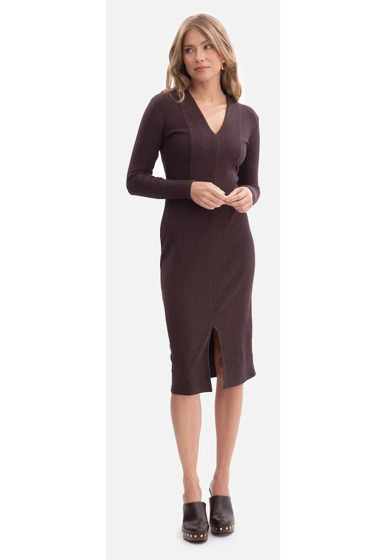 Rochie creion, B307 ciocolata maneci lungi, decolteu in V, Tiv ondulat, fara captuseala, lungime midi, Ciocolata
