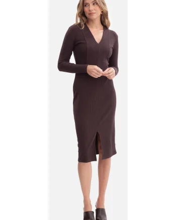 Rochie creion, B307 ciocolata maneci lungi, decolteu in V, Tiv ondulat, fara captuseala, lungime midi, Ciocolata