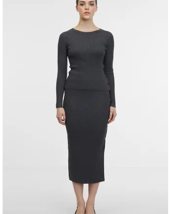 Fusta midi din tricot cu slit lateral cu nasturi, Gri inchis melange