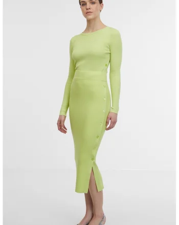 Fusta midi din tricot cu slit lateral cu nasturi, Verde lime