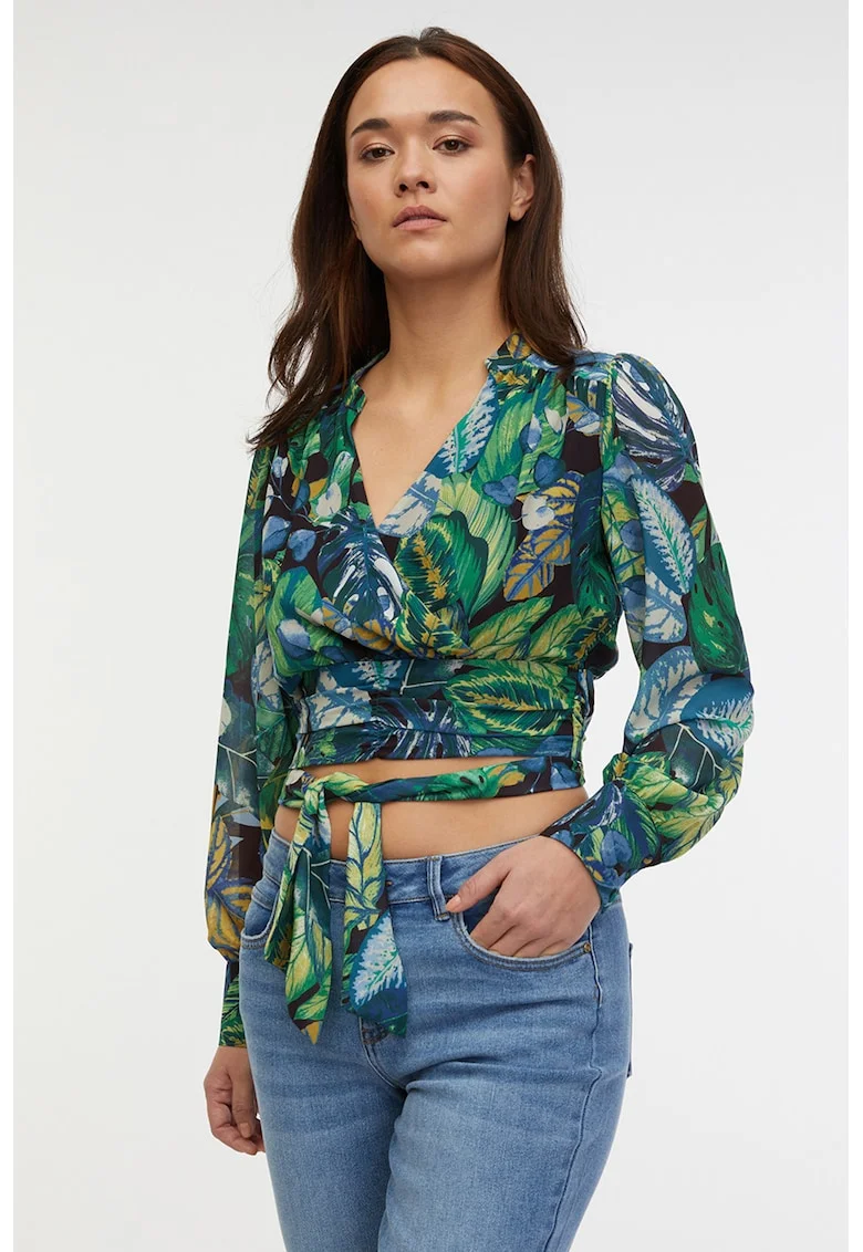 Bluza crop cu decolteu cache-coeur, Verde/Albastru