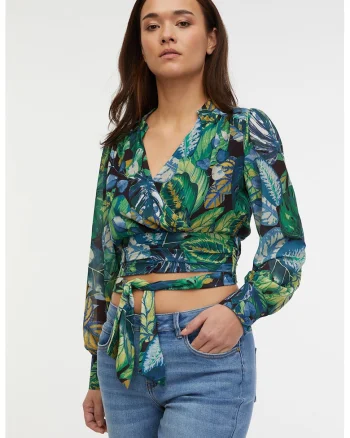 Bluza crop cu decolteu cache-coeur, Verde/Albastru