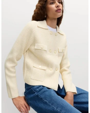 Cardigan cu guler tip camasa si doua randuri de nasturi, Crem