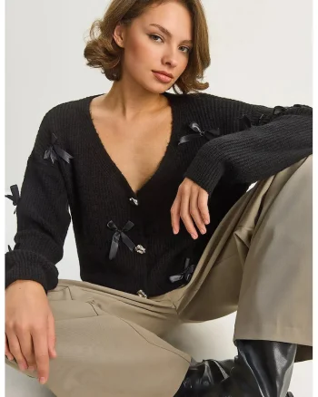 Pulover dama,  cardigan supradimensionat, detalii tip funda, negru, tricot,