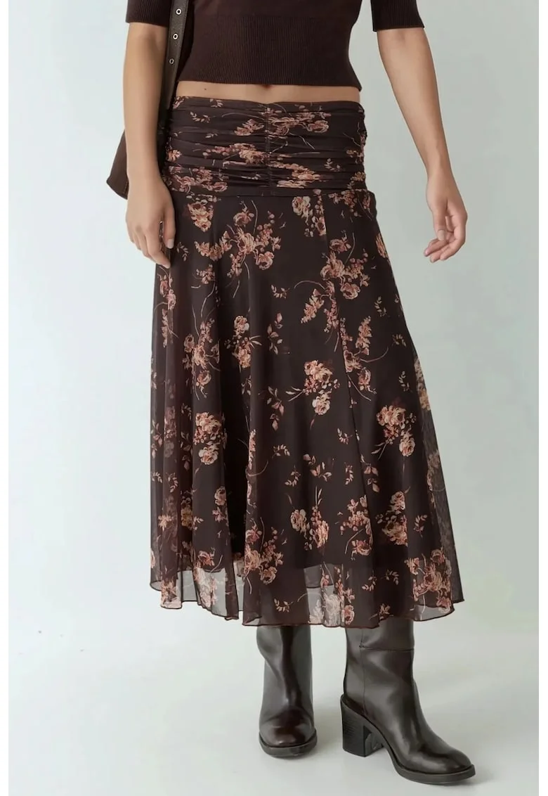 Fusta midi petrecuta  imprimeu si volane, maro inchis, textil