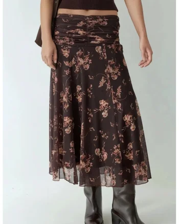 Fusta midi petrecuta  imprimeu si volane, maro inchis, textil