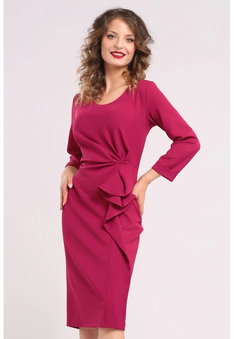 Rochie midi cu franjuri si volane, Roz zmeuriu